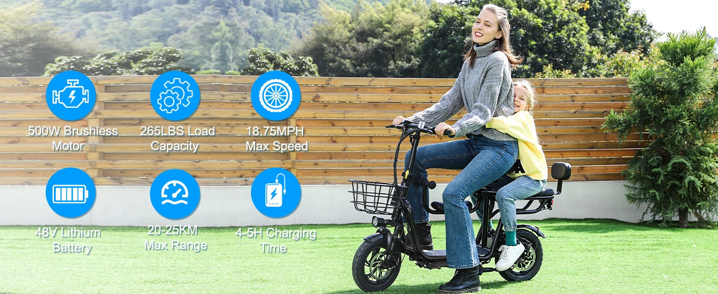 48V Electric Scooter with Seat for Adults Electric Scooter with 750W Peak Power Motor 18.75 MPH 20 Mile Range, Dual Disc Brakes