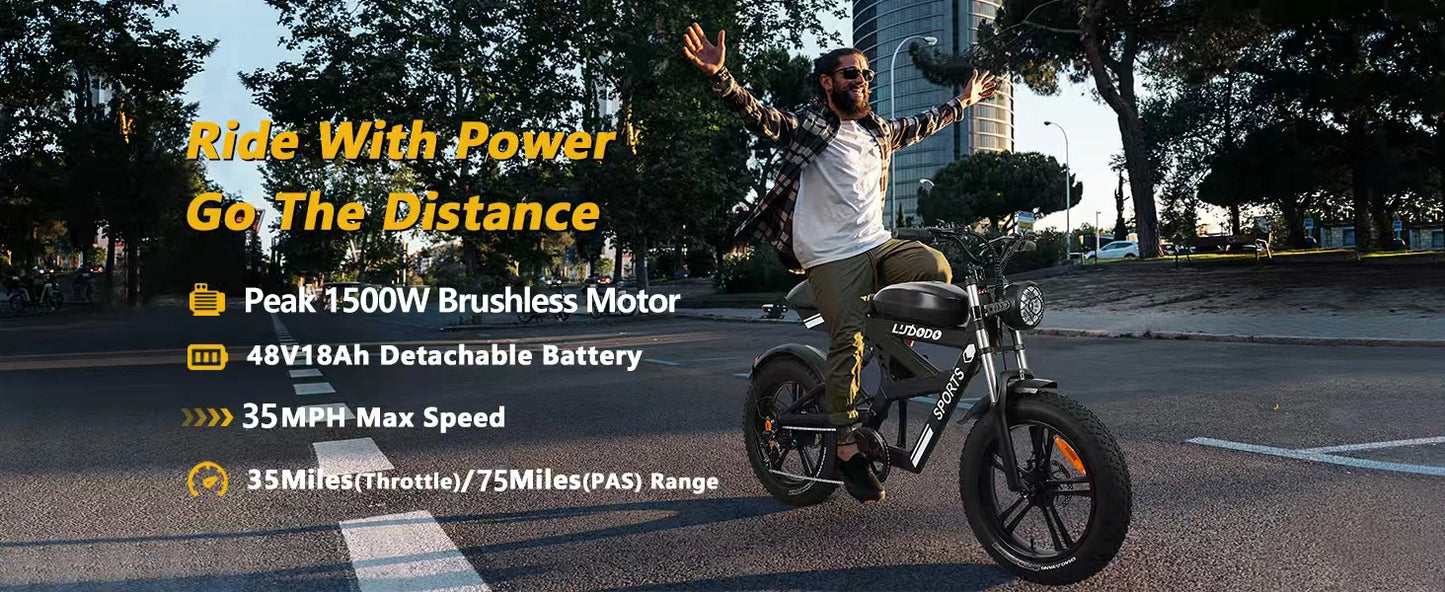 Electric Bicycle Motorcycle 1500W Peak 75Miles Snow Electric Bike 48V18AH Battery Shimano 7-Speed 20*4 Inch Fat Tire E-bike