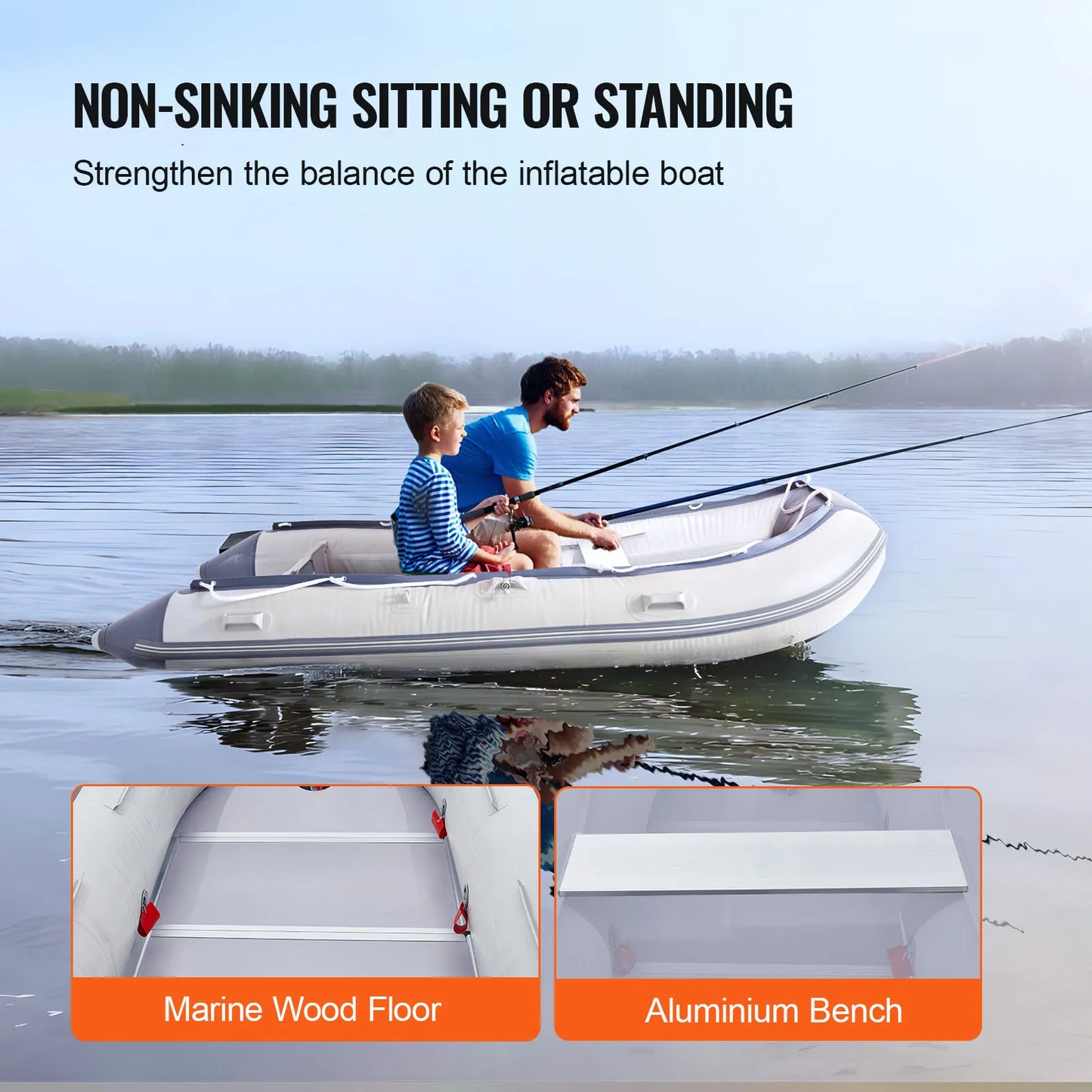 Inflatable Dinghy Boat 6-Person Transom Sport Tender Boat Marine Wood Floor and Adjustable Aluminum Bench Oars Air Pump