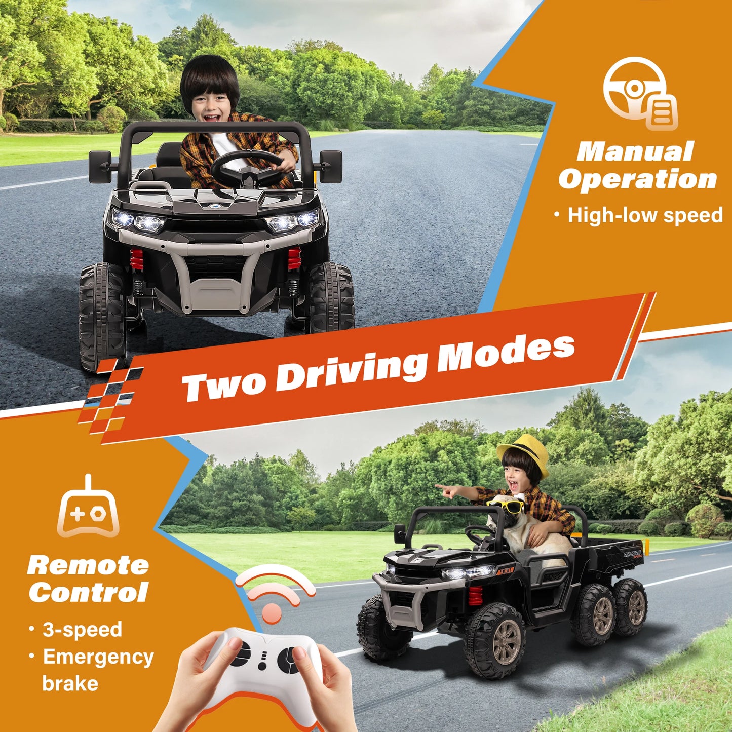 24V Children'S Dual-Seat  Vehicle - 4×75W Powerful Motor, Remote Control/Manual Dual Mode, Wireless Music + Electric Dump