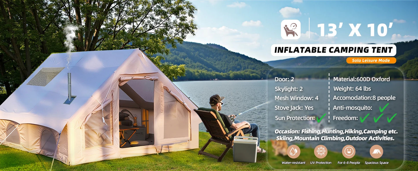 Inflatable Camping Tent, Large Inflatable Tent with Hand Pump, Easy Setup Tents for 8-10 People, Portable Glamping Air Tent