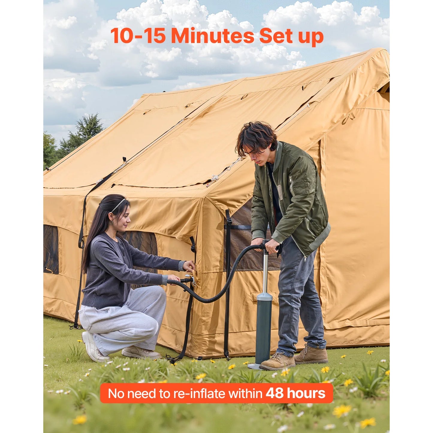 Inflatable Tents for Camping Easy Setup Blow up Tent with Hand Pump Glamping Tent with Skylight Stove Jack Mesh Windows