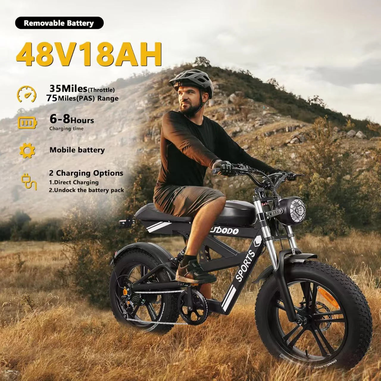 Electric Bicycle Motorcycle 1500W Peak 75Miles Snow Electric Bike 48V18AH Battery Shimano 7-Speed 20*4 Inch Fat Tire E-bike