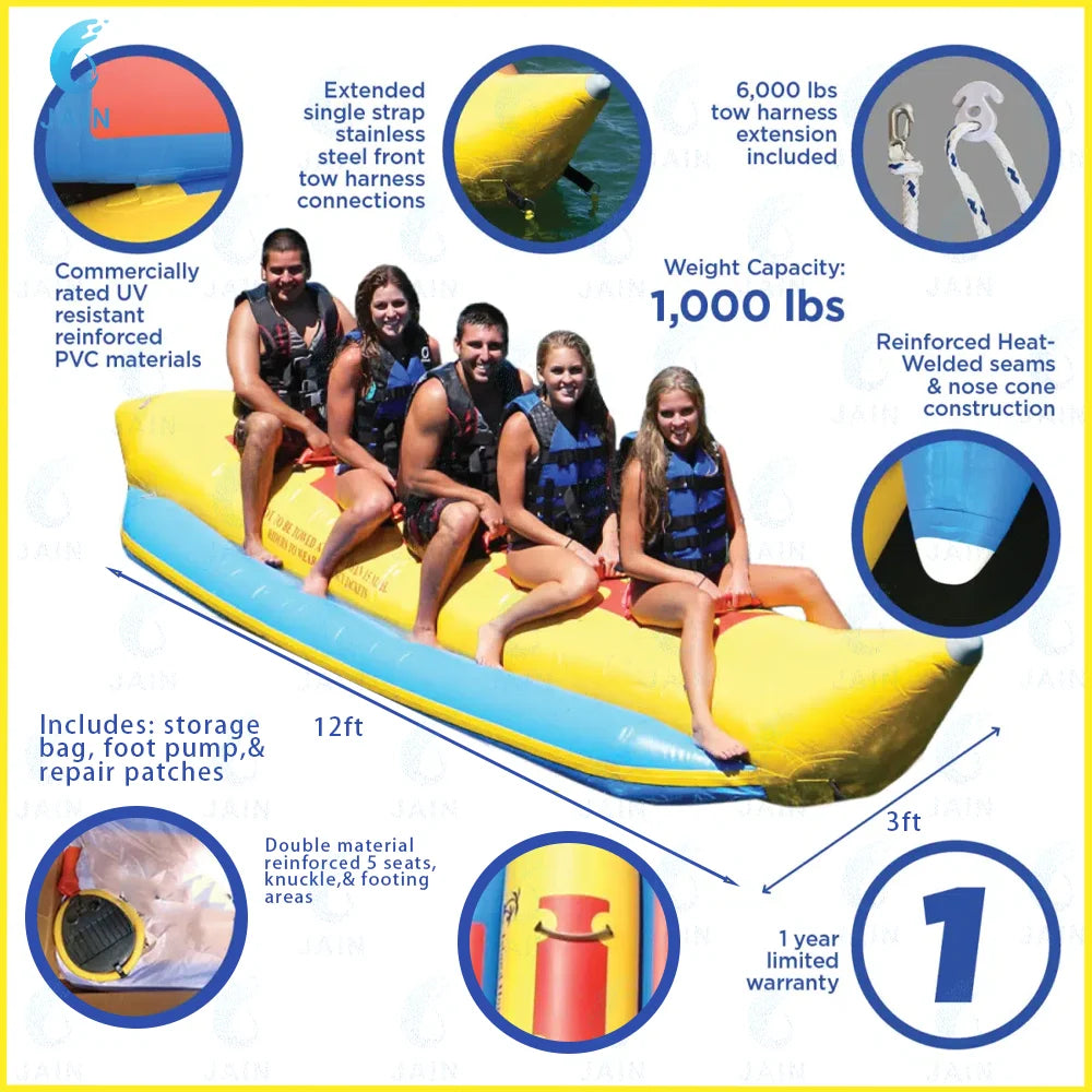 Inflatable Banana Boat, Outdoor High-Traction Floating Banana Boat, Water Park Amusement Surfing Equipment, 5 people