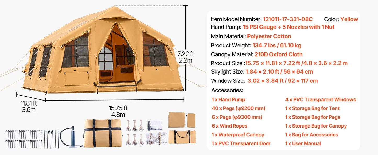 Inflatable Tents for Camping Easy Setup Blow up Tent with Hand Pump Glamping Tent with Skylight Stove Jack Mesh Windows