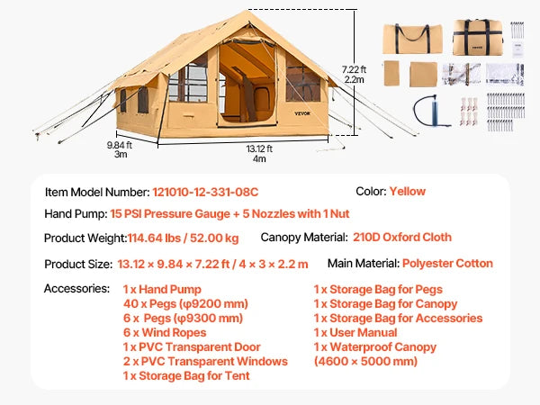 Inflatable Tents for Camping Easy Setup Blow up Tent with Hand Pump Glamping Tent with Skylight Stove Jack Mesh Windows