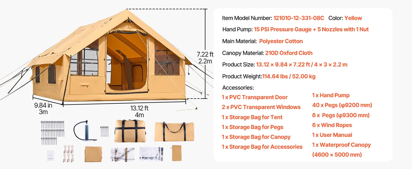 Inflatable Tents for Camping Easy Setup Blow up Tent with Hand Pump Glamping Tent with Skylight Stove Jack Mesh Windows