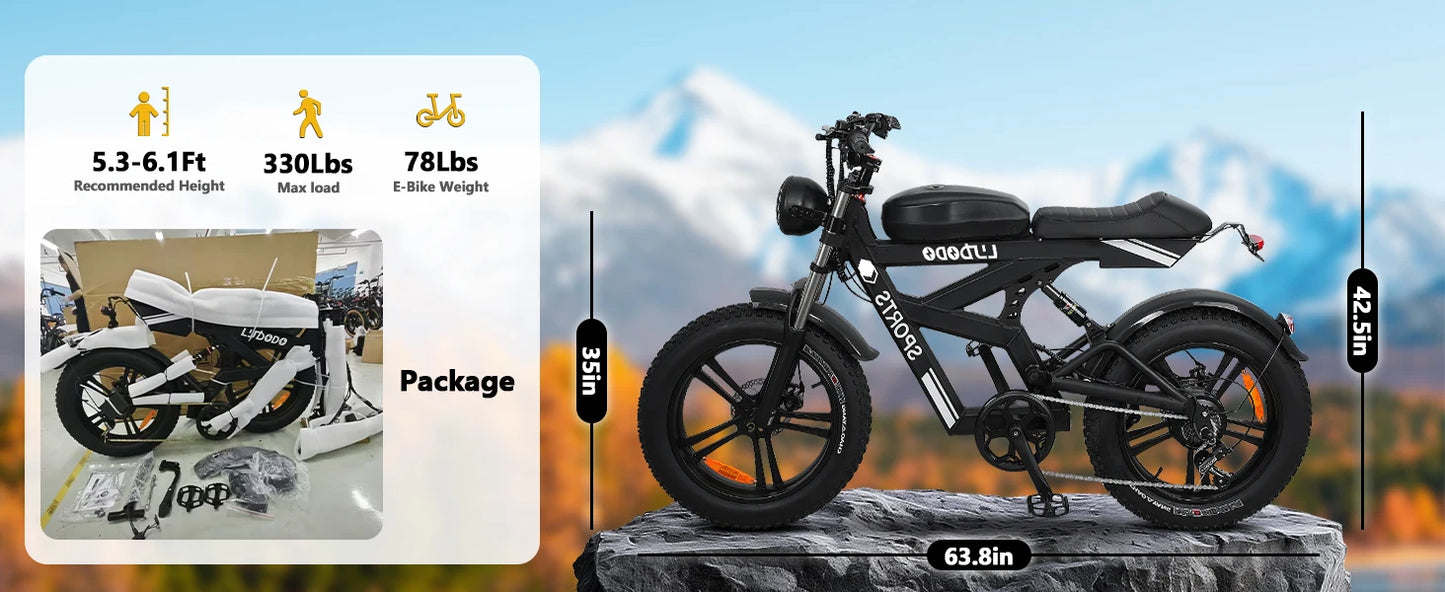 Electric Bicycle Motorcycle 1500W Peak 75Miles Snow Electric Bike 48V18AH Battery Shimano 7-Speed 20*4 Inch Fat Tire E-bike