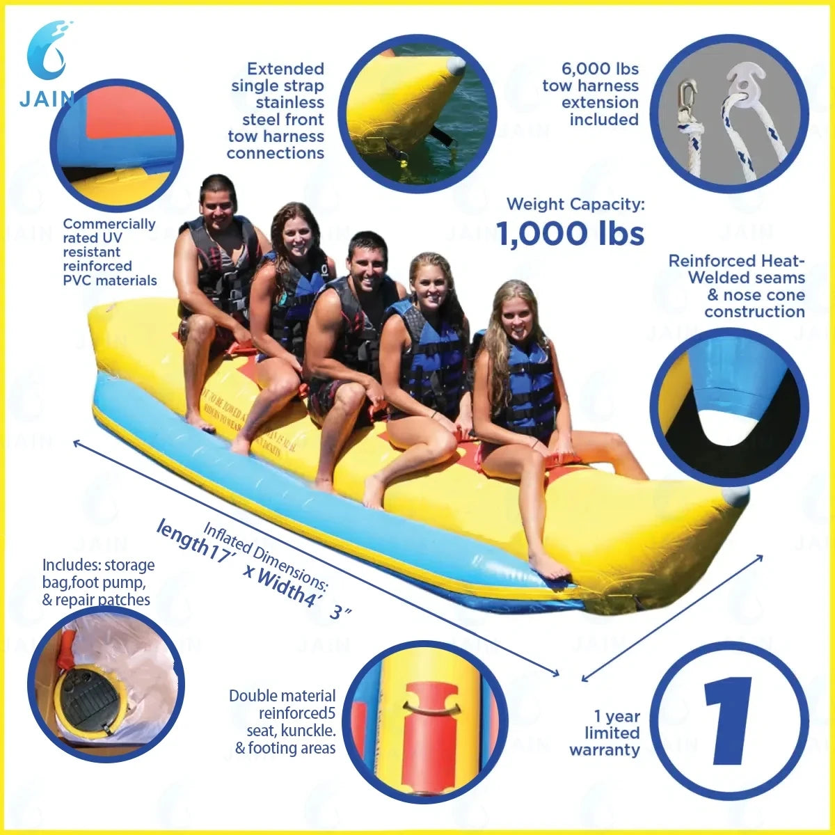 Inflatable Banana Boat, Outdoor High-Traction Floating Banana Boat, Water Park Amusement Surfing Equipment, 5 people