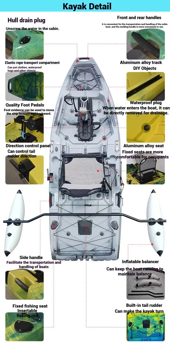 2-Seater Modular Kayak, Electric/Pedal-Driven HDPE Canoe with Aluminum Seats, Portable Fishing Boat for Lake Recreation