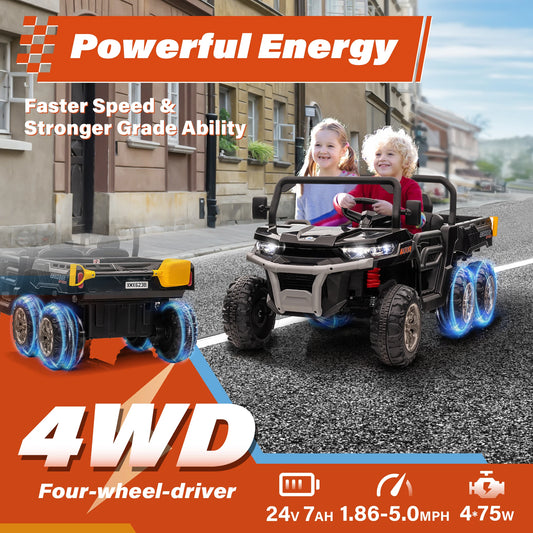 24V Children'S Dual-Seat  Vehicle - 4×75W Powerful Motor, Remote Control/Manual Dual Mode, Wireless Music + Electric Dump