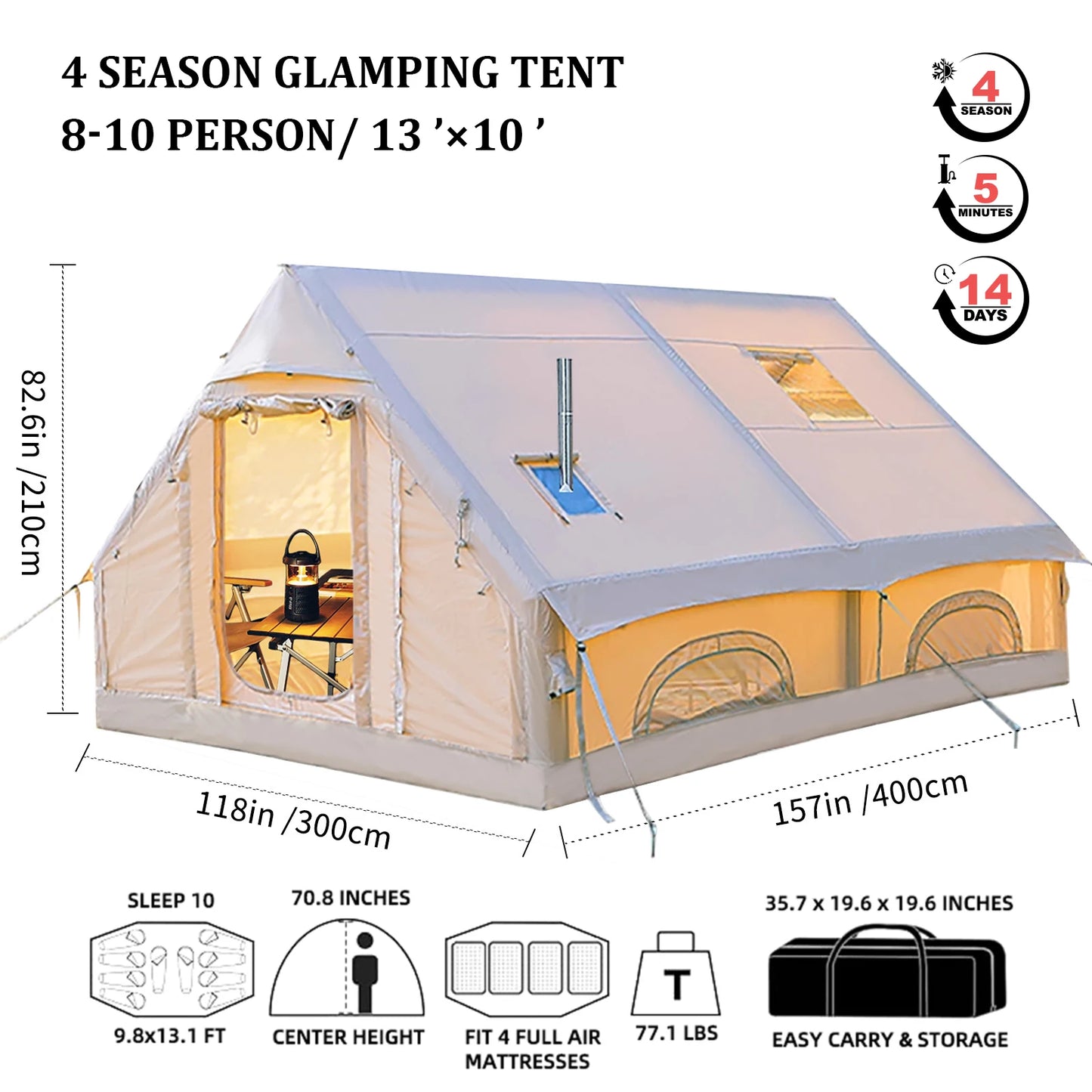 Inflatable Camping Tent, Large Inflatable Tent with Hand Pump, Easy Setup Tents for 8-10 People, Portable Glamping Air Tent
