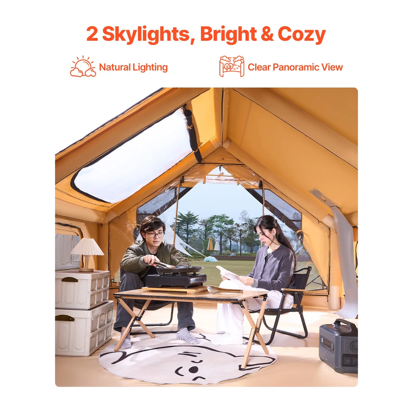 Inflatable Tents for Camping Easy Setup Blow up Tent with Hand Pump Glamping Tent with Skylight Stove Jack Mesh Windows
