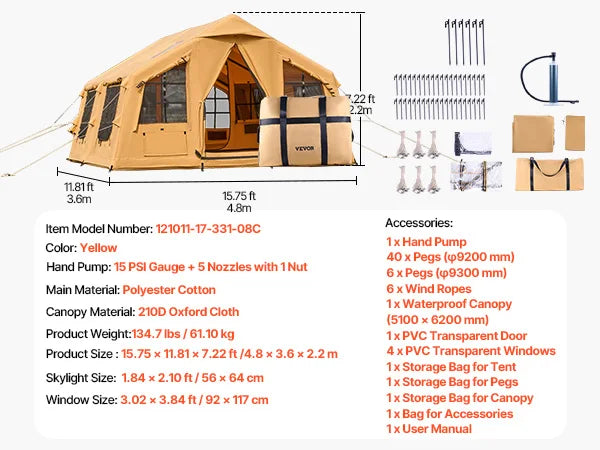 Inflatable Tents for Camping Easy Setup Blow up Tent with Hand Pump Glamping Tent with Skylight Stove Jack Mesh Windows