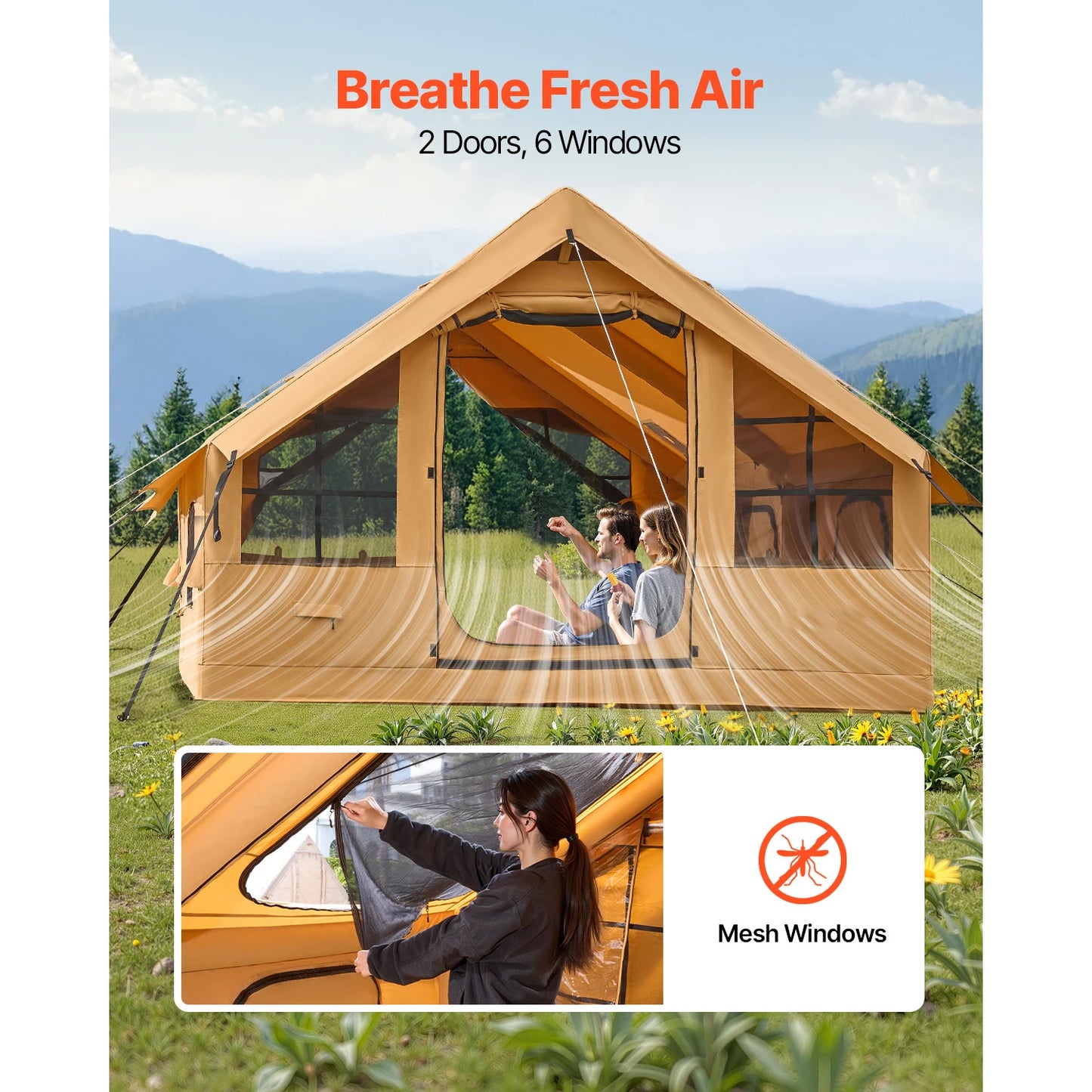 Inflatable Tents for Camping Easy Setup Blow up Tent with Hand Pump Glamping Tent with Skylight Stove Jack Mesh Windows