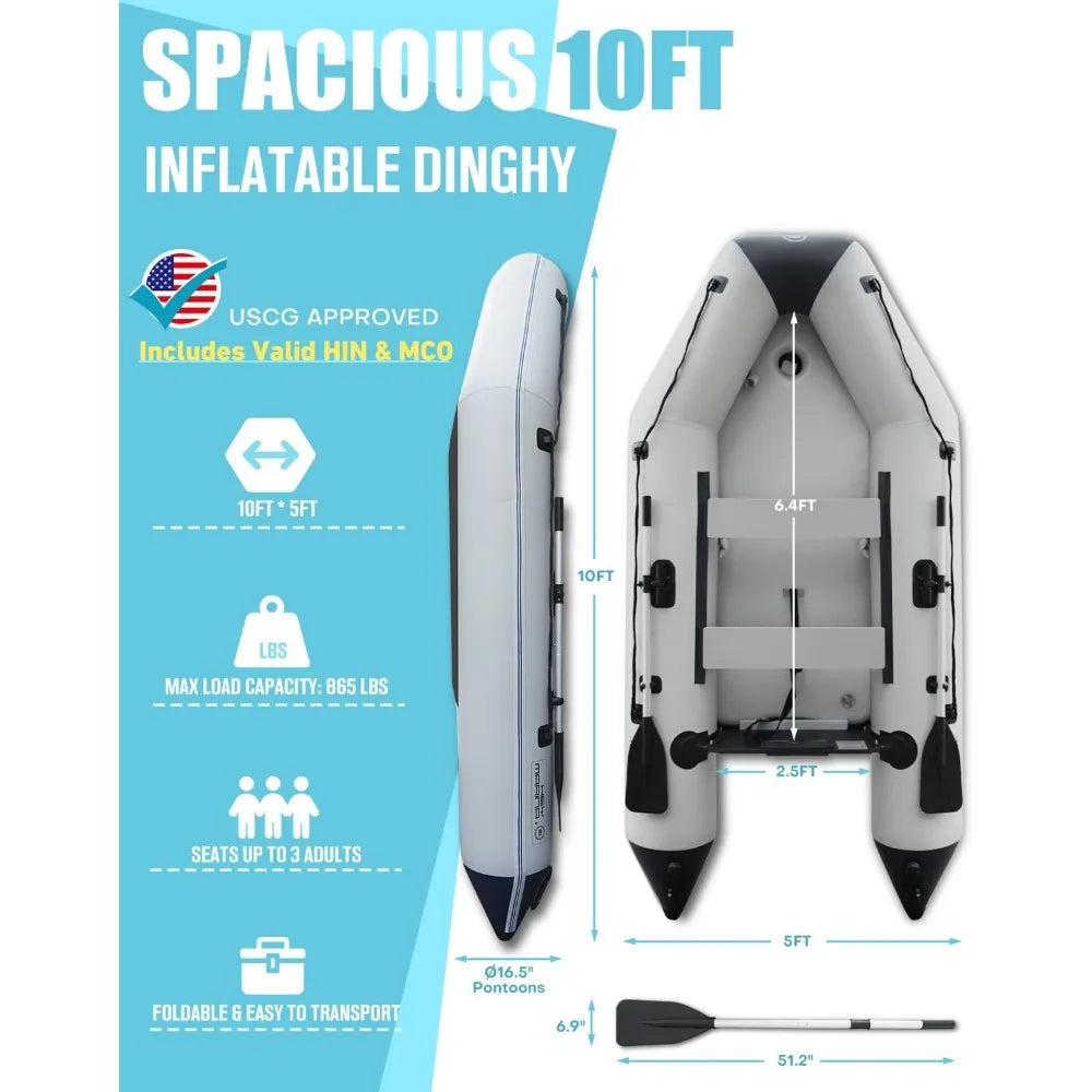 Dinghy Boat with Drop-Stitch Floor 10ft Portable Inflatable Boat for 3-4 Adults, Motor Compatible, Heavy-Duty PVC, Ideal