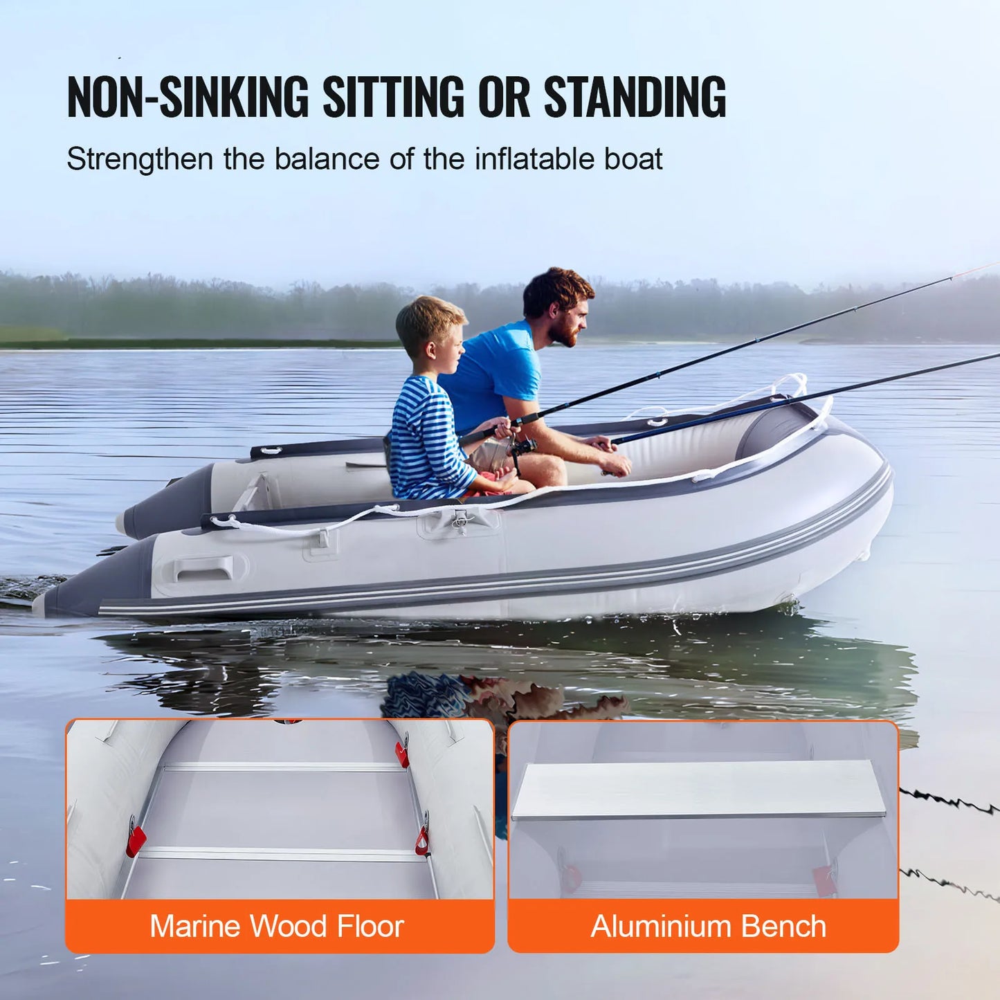 SucceBuy Inflatable Dinghy Boat 4 Person/6 Person Transom Sport Tender Boat with Marine Wood Floor and Adjustable Aluminum Bench