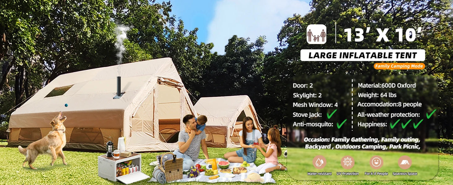 Inflatable Camping Tent, Large Inflatable Tent with Hand Pump, Easy Setup Tents for 8-10 People, Portable Glamping Air Tent