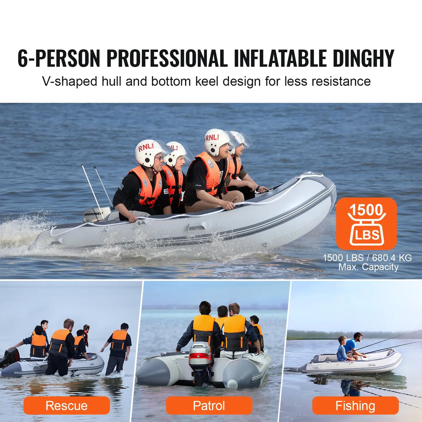 Inflatable Dinghy Boat 6-Person Transom Sport Tender Boat Marine Wood Floor and Adjustable Aluminum Bench Oars Air Pump