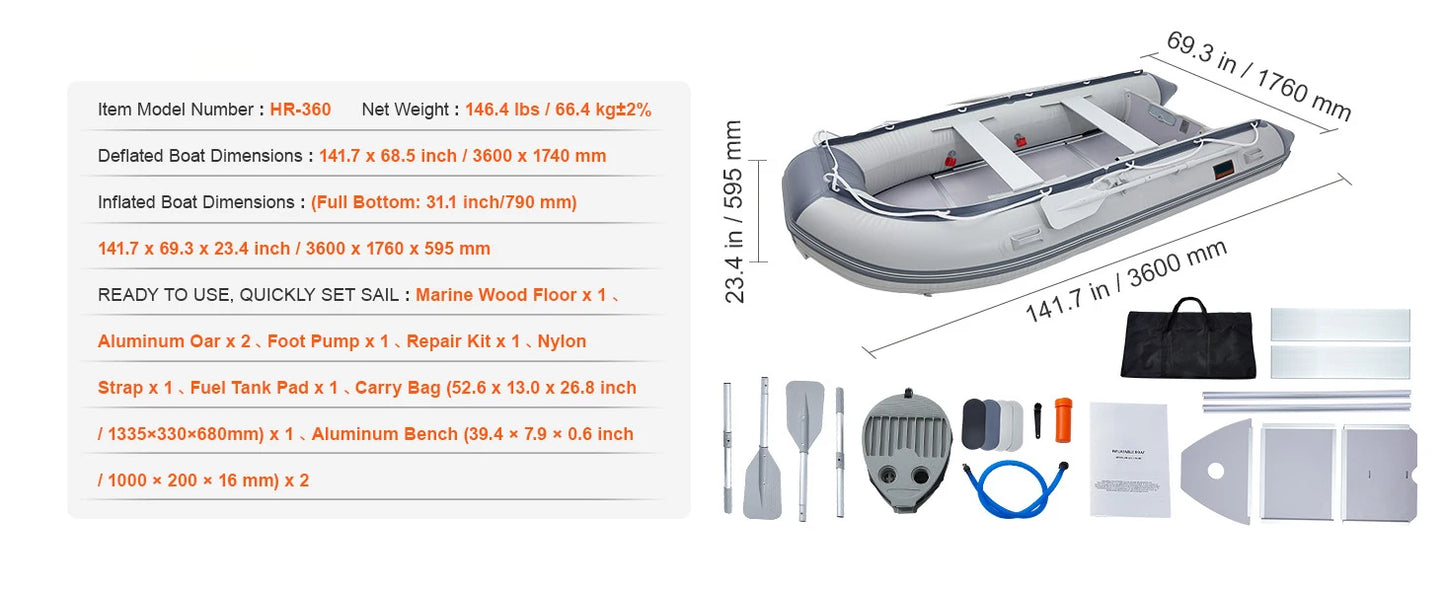Inflatable Dinghy Boat 6-Person Transom Sport Tender Boat Marine Wood Floor and Adjustable Aluminum Bench Oars Air Pump