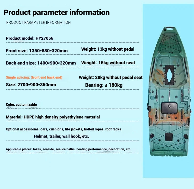 2-Seater Modular Kayak, Electric/Pedal-Driven HDPE Canoe with Aluminum Seats, Portable Fishing Boat for Lake Recreation
