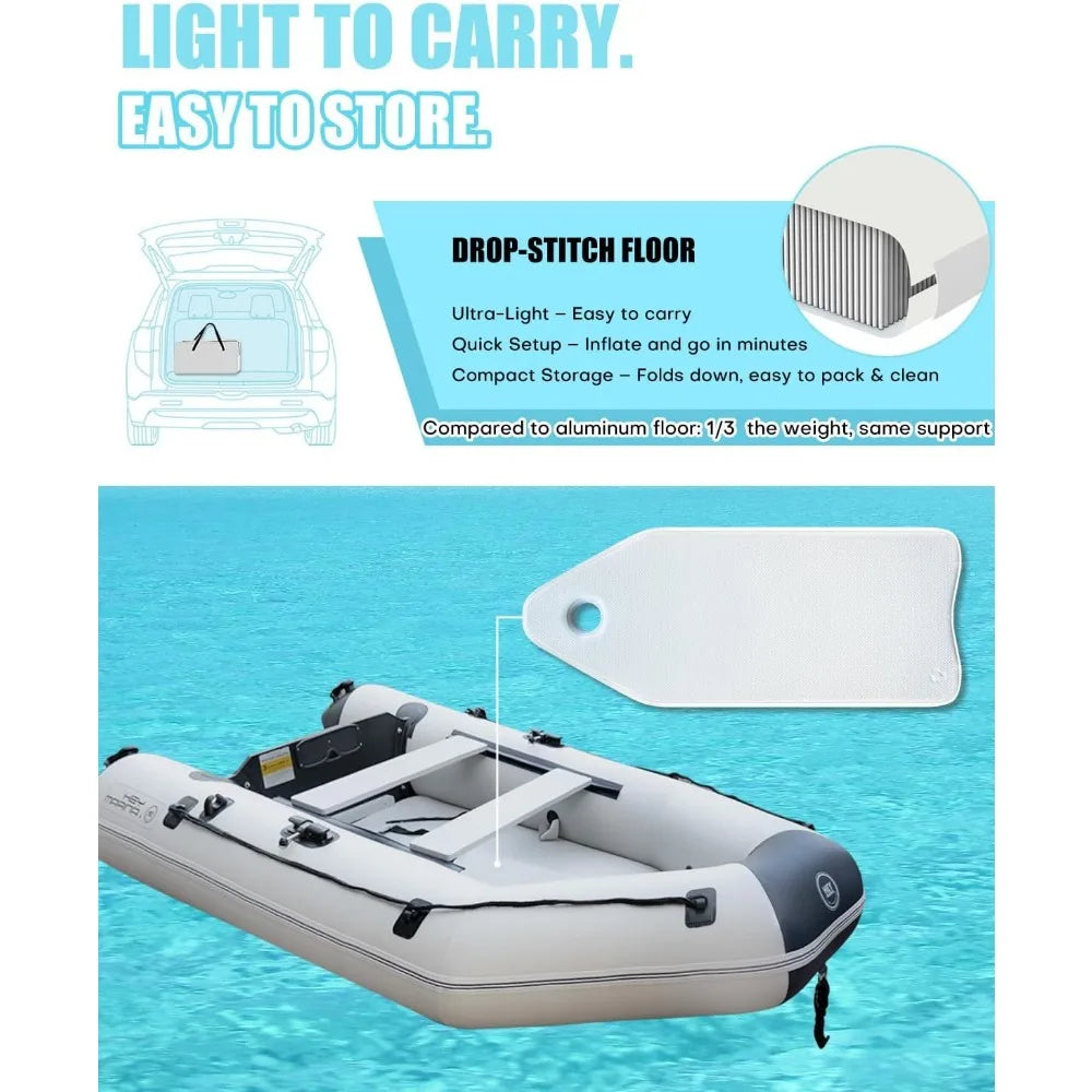 Dinghy Boat with Drop-Stitch Floor 10ft Portable Inflatable Boat for 3-4 Adults, Motor Compatible, Heavy-Duty PVC, Ideal