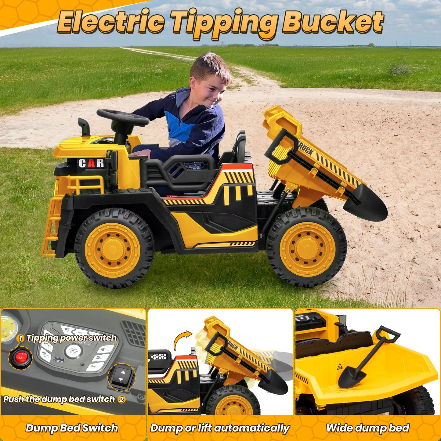 24V Ride on Toys w/Remote Control, 2 Seater 400W Ride on Dump Truck, Electric Powered Ride on w/Dump Bed, 3 Speeds, Shovel, Blue