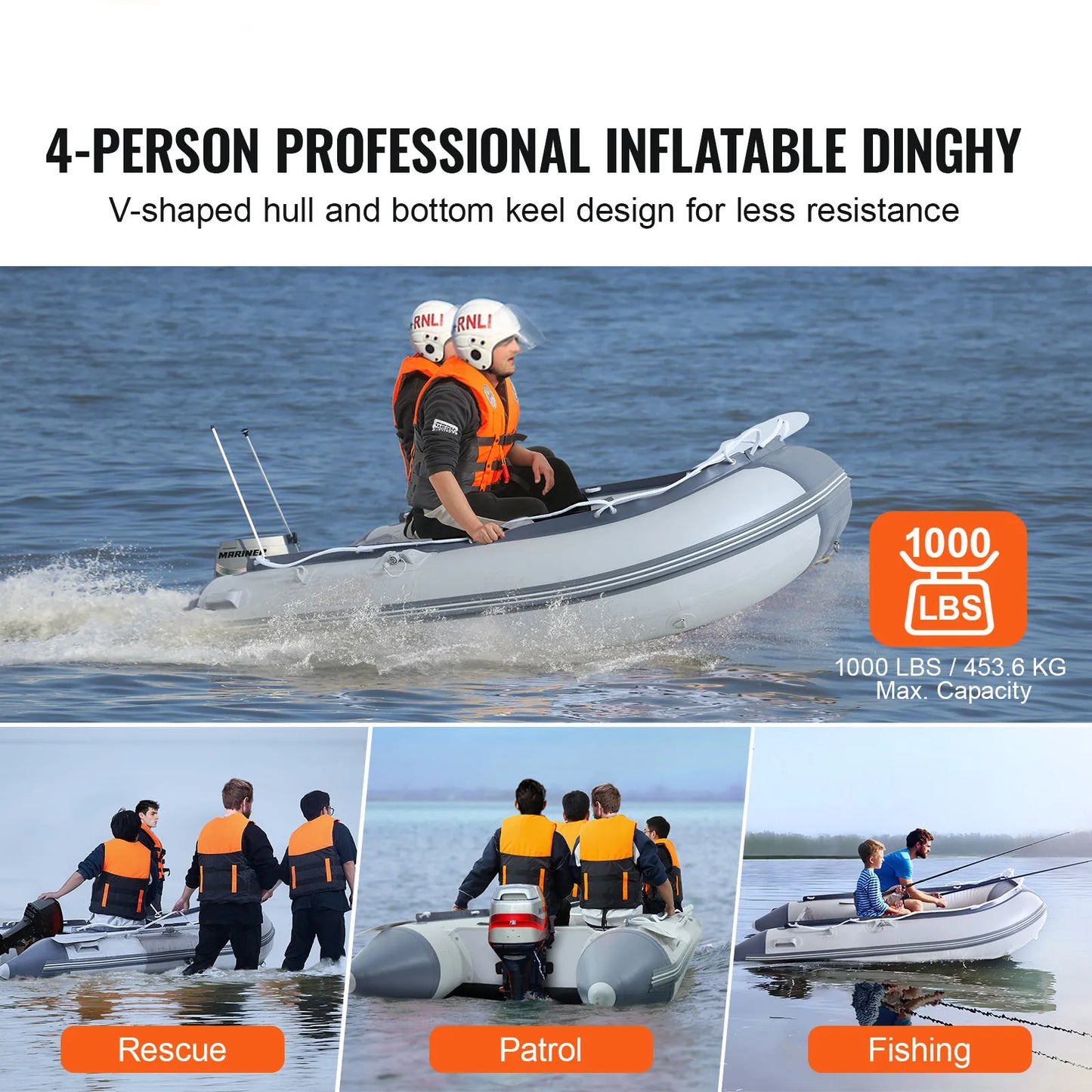 SucceBuy Inflatable Dinghy Boat 4 Person/6 Person Transom Sport Tender Boat with Marine Wood Floor and Adjustable Aluminum Bench