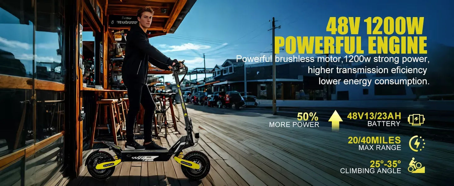 GT06 Electric Scooter Adults 30MPH,1200W Motor E-Scooter,11'' Off-Road Tire Scooter with Dual Suspension & Side Light