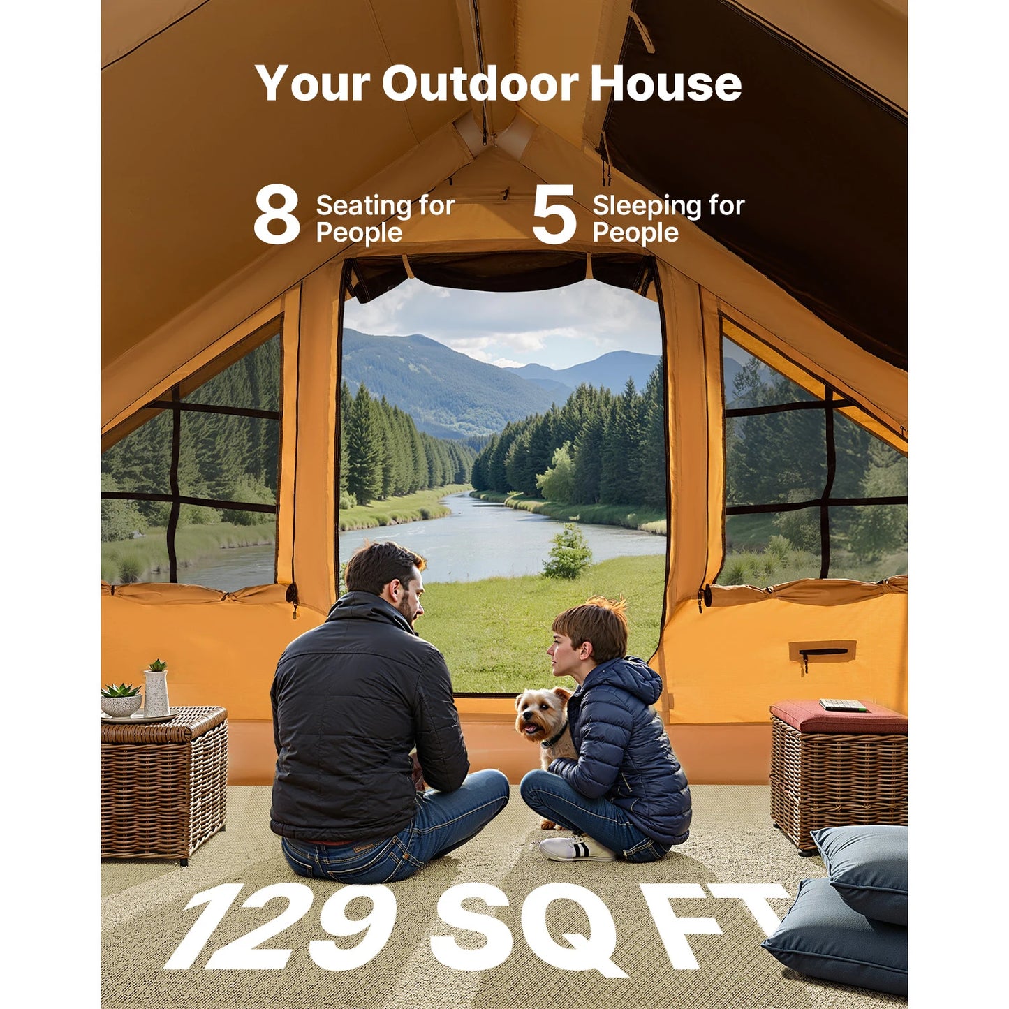 Inflatable Tents for Camping Easy Setup Blow up Tent with Hand Pump Glamping Tent with Skylight Stove Jack Mesh Windows