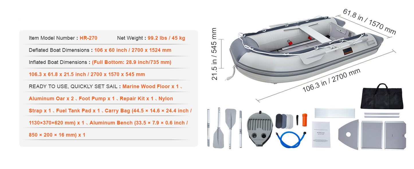 Inflatable Dinghy Boat 6 Person Transom Sport Tender Boat with Marine Wood Floor and Adjustable Aluminum Bench