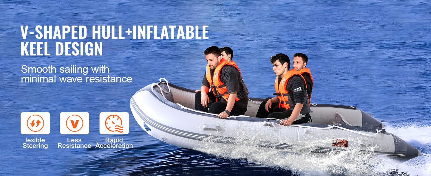 Inflatable Dinghy Boat 6-Person Transom Sport Tender Boat Marine Wood Floor and Adjustable Aluminum Bench Oars Air Pump
