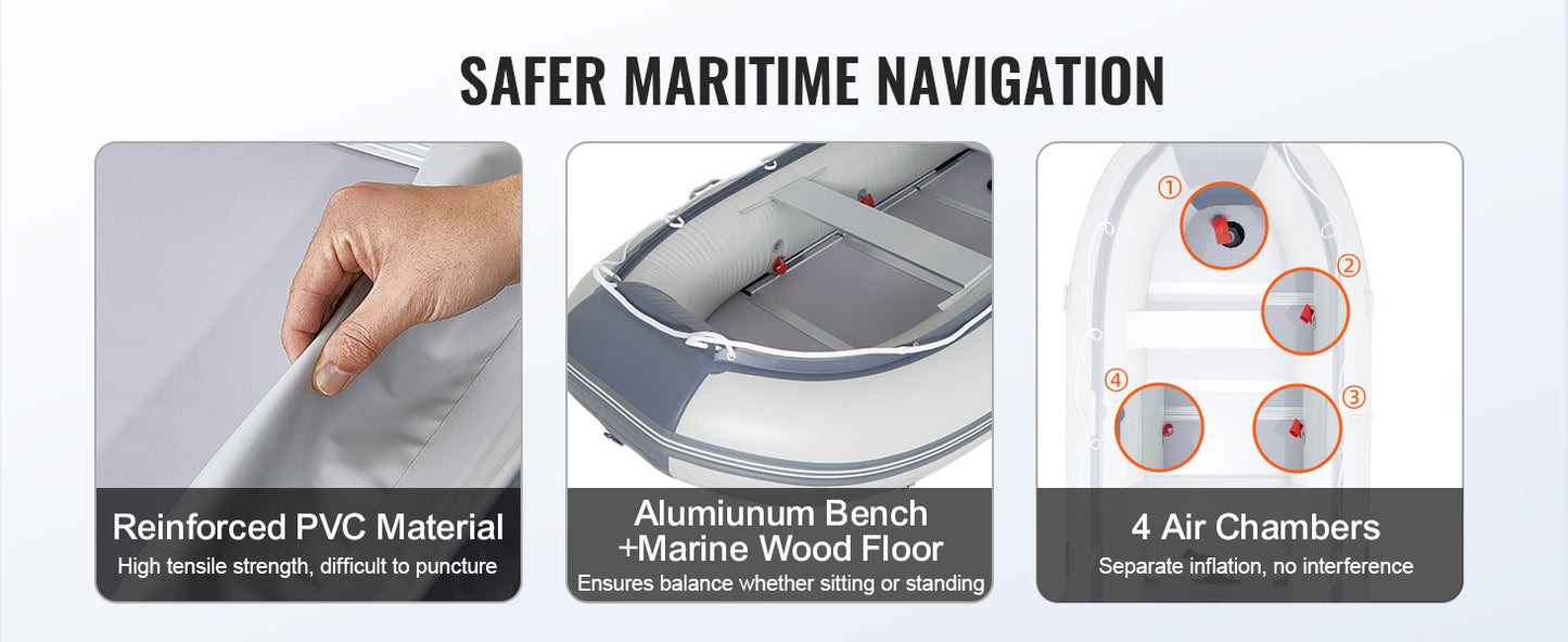 Inflatable Dinghy Boat 6-Person Transom Sport Tender Boat Marine Wood Floor and Adjustable Aluminum Bench Oars Air Pump
