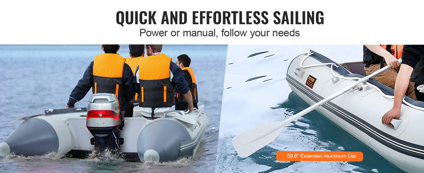 Inflatable Dinghy Boat 6-Person Transom Sport Tender Boat Marine Wood Floor and Adjustable Aluminum Bench Oars Air Pump