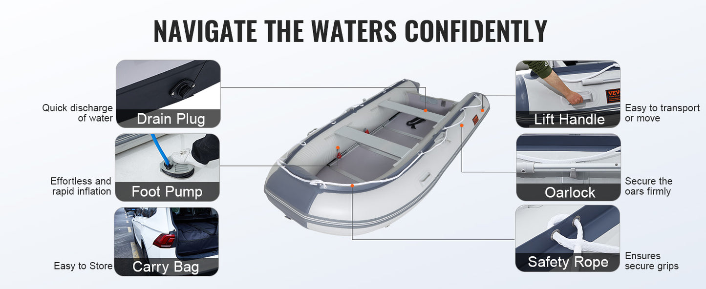 Inflatable Dinghy Boat 6-Person Transom Sport Tender Boat Marine Wood Floor and Adjustable Aluminum Bench Oars Air Pump