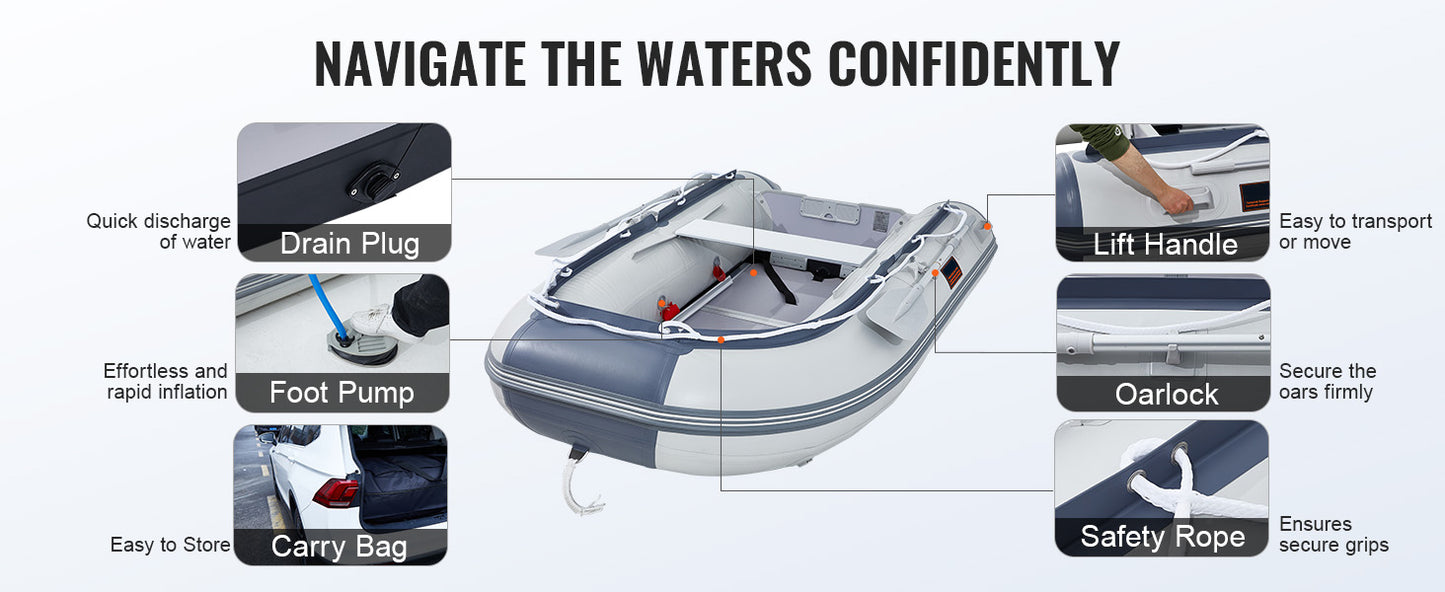 SucceBuy Inflatable Dinghy Boat 4 Person/6 Person Transom Sport Tender Boat with Marine Wood Floor and Adjustable Aluminum Bench