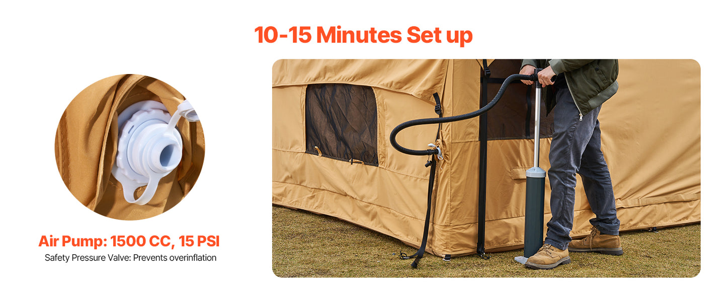Inflatable Tents for Camping Easy Setup Blow up Tent with Hand Pump Glamping Tent with Skylight Stove Jack Mesh Windows